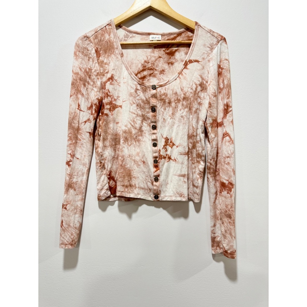 Selfie Love Womens Large Tie Dye Long Sleeve Button Front Ribbed Crop Top Brown